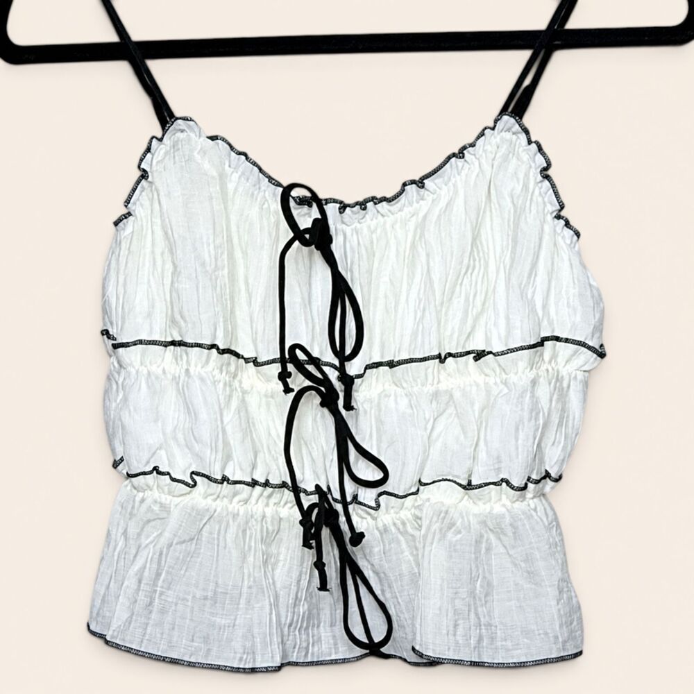 White Bow Tie Front Ruffle Cami Top S Coquette Balletcore Fairycore Romantic